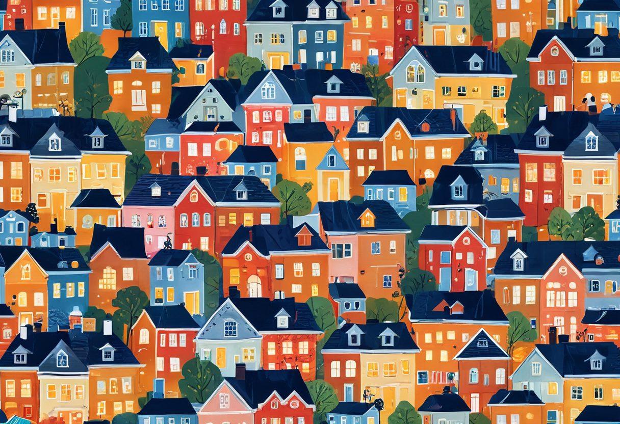 A vibrant city skyline showcasing diverse houses and apartment buildings, overlayed with key icons like a magnifying glass, a key, and dollar signs representing the housing market. A bright sun rises in the background, symbolizing new opportunities for home buyers and investors. People from diverse backgrounds are depicted exploring housing options. super-realistic. vibrant colors. white background.