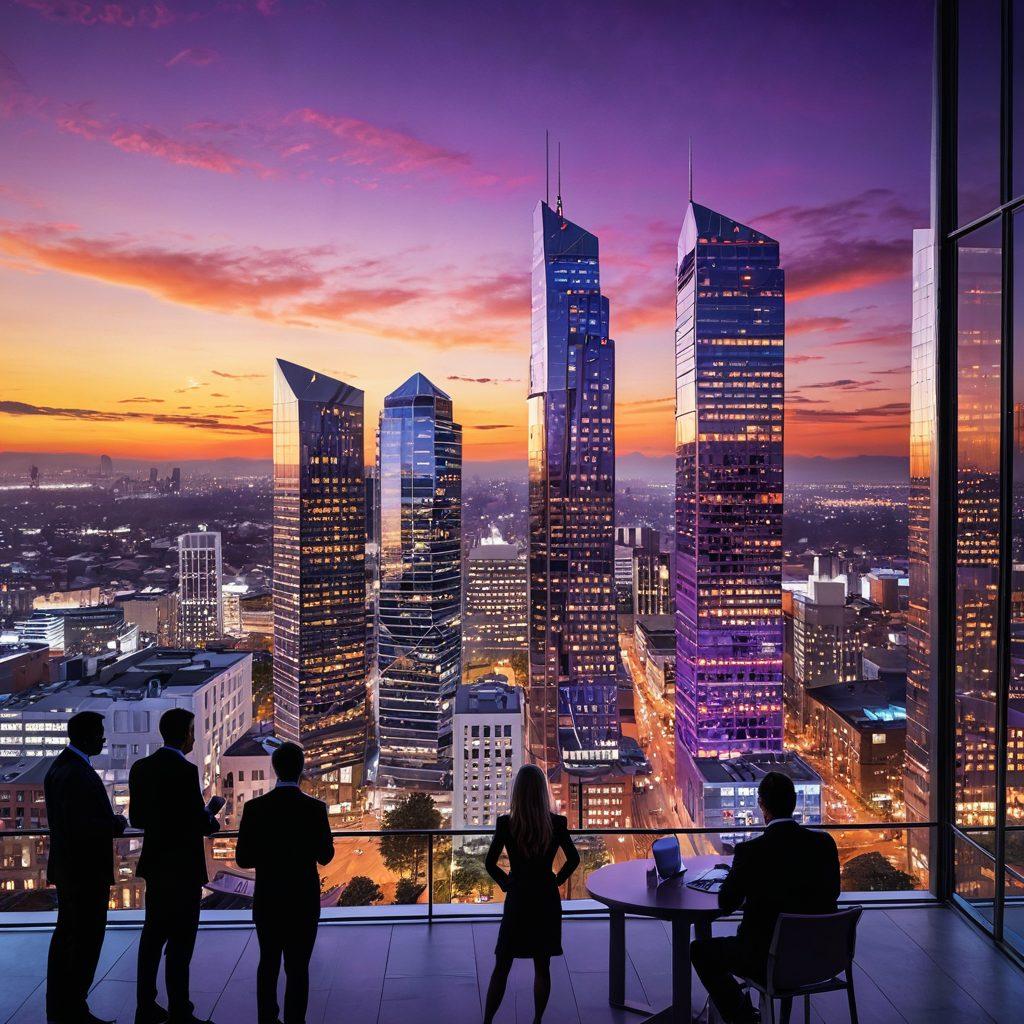 A modern city skyline at sunset, with a blend of residential and commercial buildings showcasing architectural trends. In the foreground, a diverse group of people is engaged in a lively discussion about real estate, surrounded by graphs and charts that depict current market trends. The sky is painted in vibrant hues of orange and purple, symbolizing dynamic changes. The overall tone conveys a sense of urgency and innovation in the realty market. super-realistic. vibrant colors. 3D.